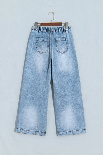Beau Blue Frayed Studded Detail Wide Leg Pocketed Jeans
