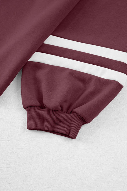 Mineral Red Varsity Stripe Patchwork Puff Sleeve Pullover Drawstring Wide Leg Pant Set