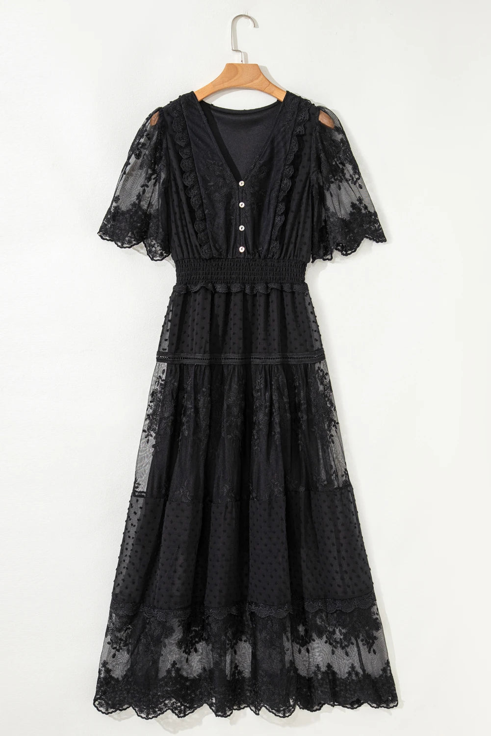 Black Dotty Lace Mesh Flowy Maxi Dress