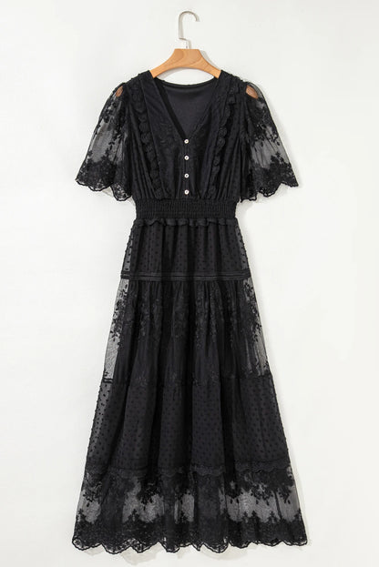 Black Dotty Lace Mesh Flowy Maxi Dress