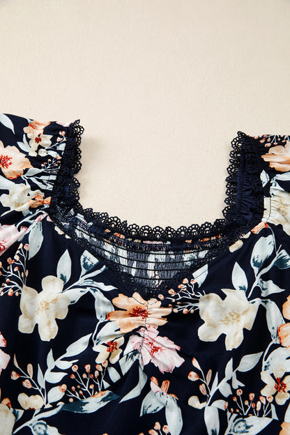 Blue Short Sleeve Smocked Detail High Waist Floral Maxi Dress