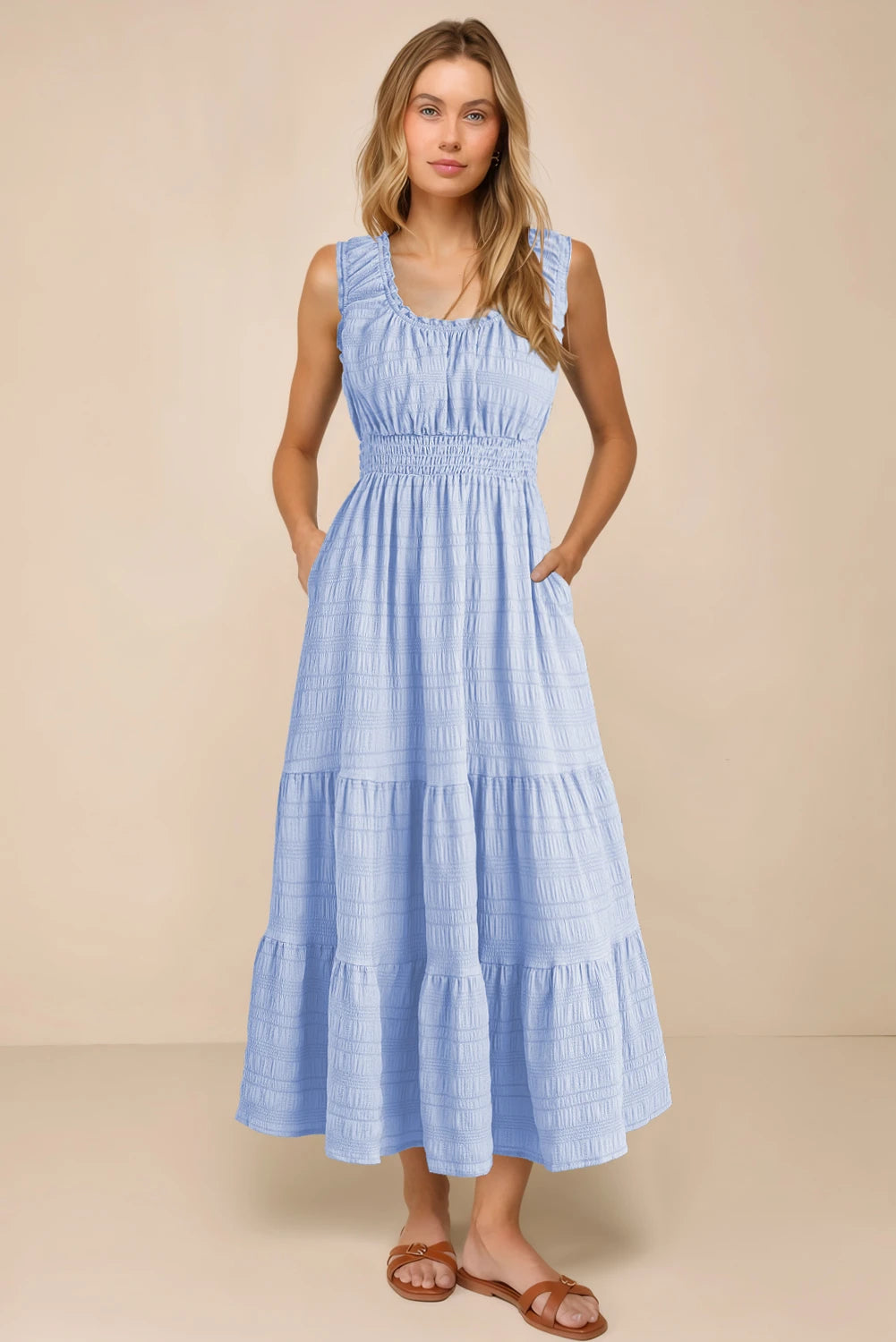 Shirred Pleated Square Neck Sleeveless Midi Dress