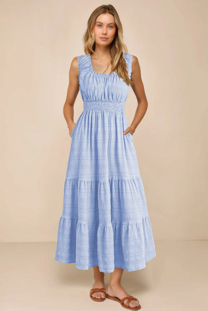 Shirred Pleated Square Neck Sleeveless Midi Dress