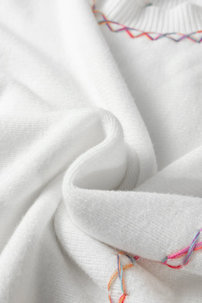 Rainbow Stitching Balloon Sleeve Relaxed Sweater