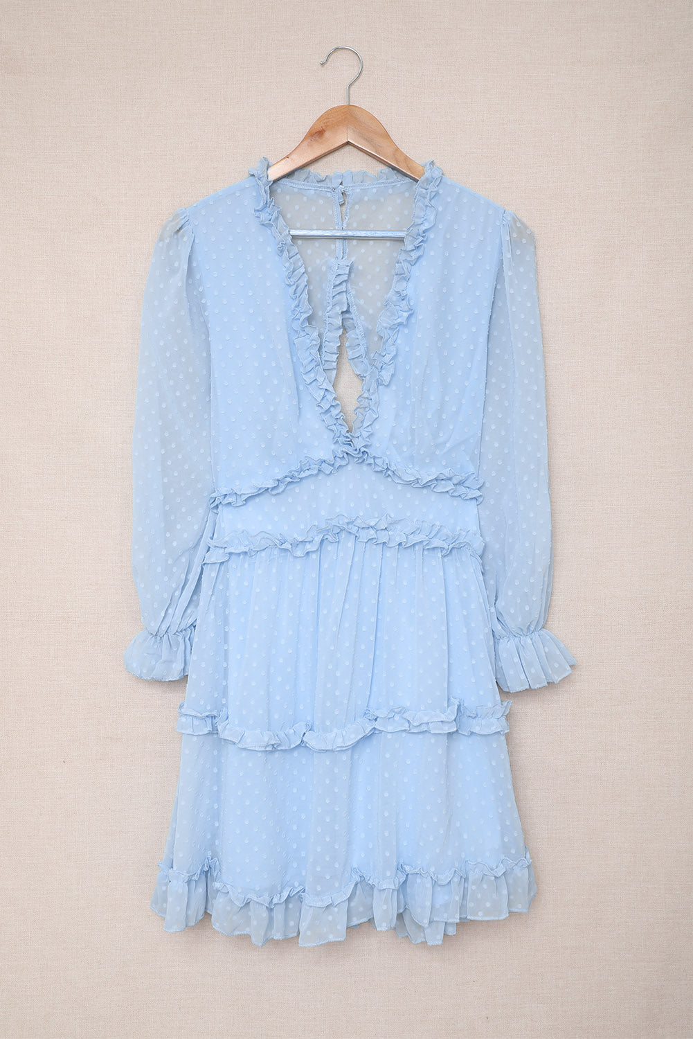 Layered Ruffled Open Back Puff Sleeve Swiss Dot Mini Dress