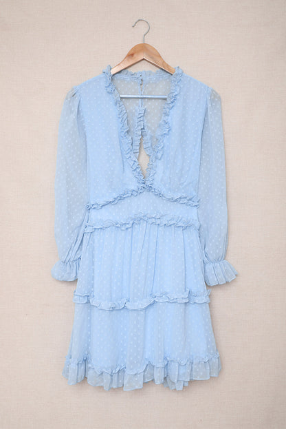 Layered Ruffled Open Back Puff Sleeve Swiss Dot Mini Dress