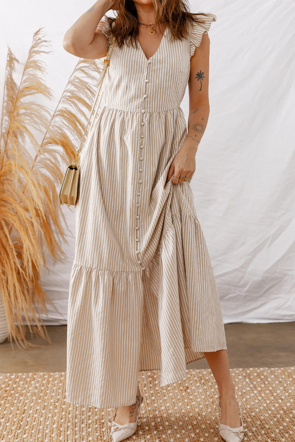Khaki Stripe Flutter Sleeve Buttoned Front Slit Maxi Dress
