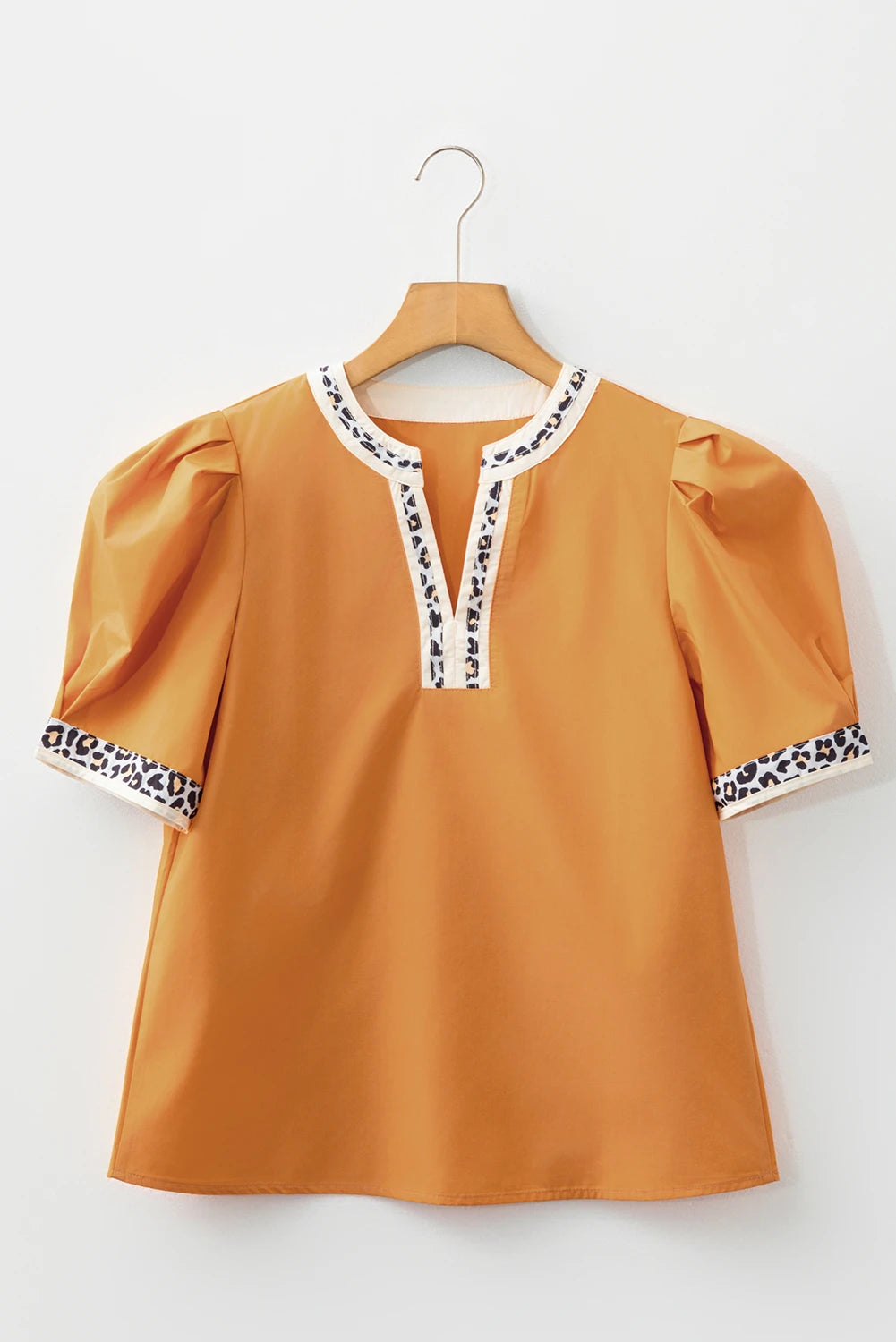 Buckskin Contrast Leopard Trim Split Neck Puff Sleeve Blouse