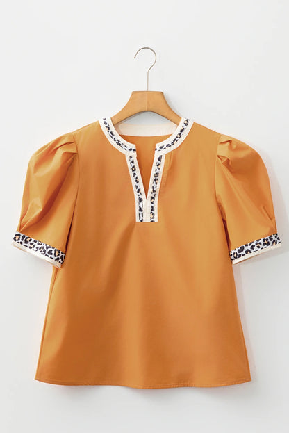 Buckskin Contrast Leopard Trim Split Neck Puff Sleeve Blouse