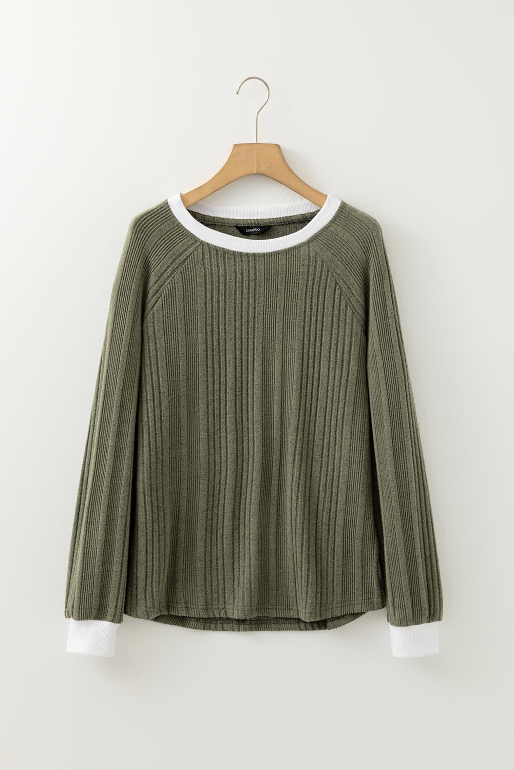 Ribbed Contrast Cuffed Round Neck Long Sleeve T Shirt