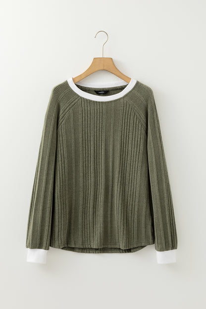 Ribbed Contrast Cuffed Round Neck Long Sleeve T Shirt