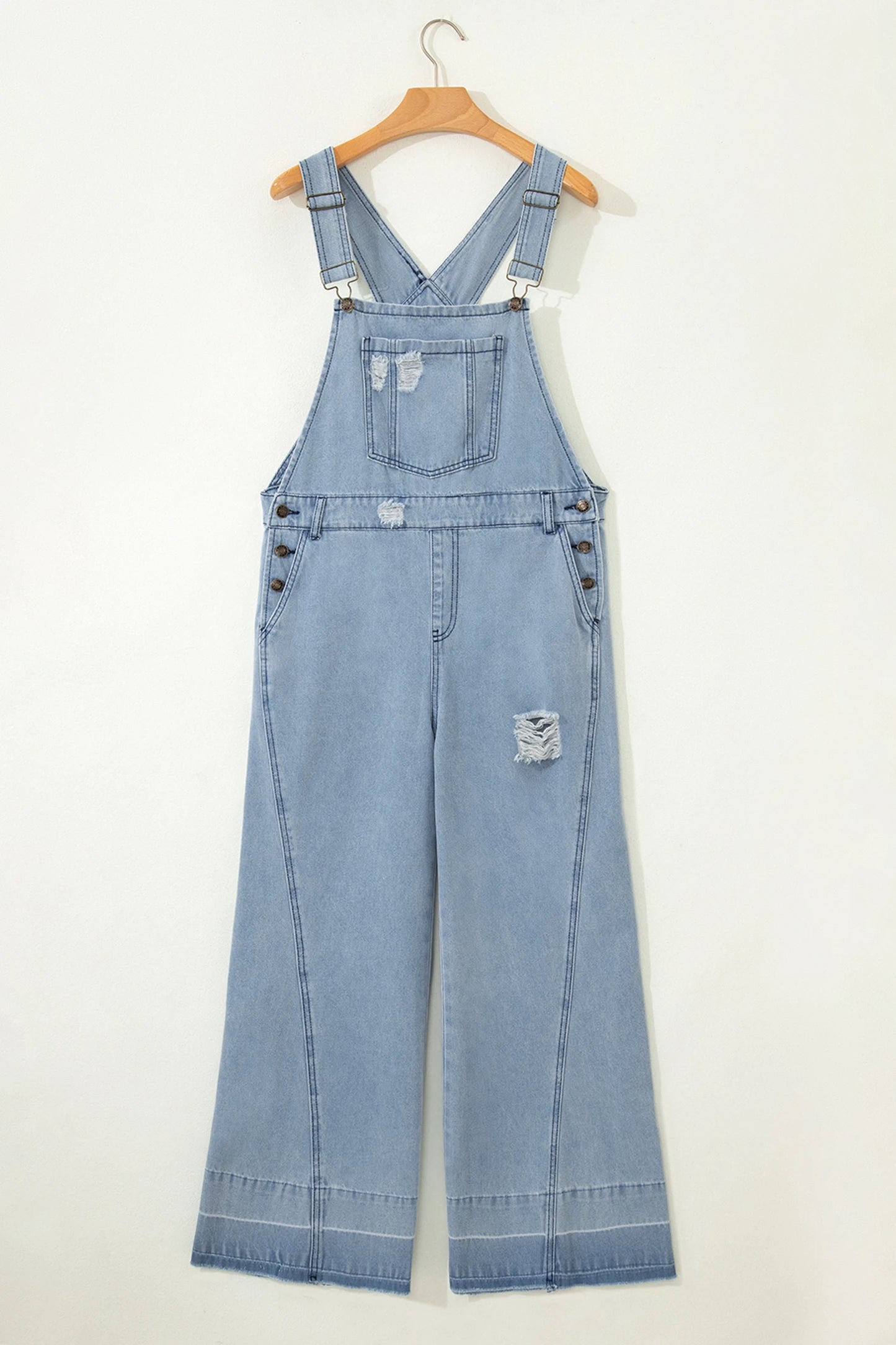 Mist Blue Retro Distressed Button Adjustable Straps Denim Overall Jumpsu