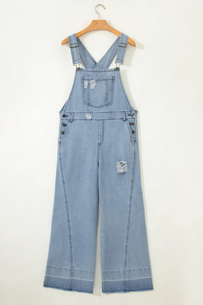 Mist Blue Retro Distressed Button Adjustable Straps Denim Overall Jumpsu