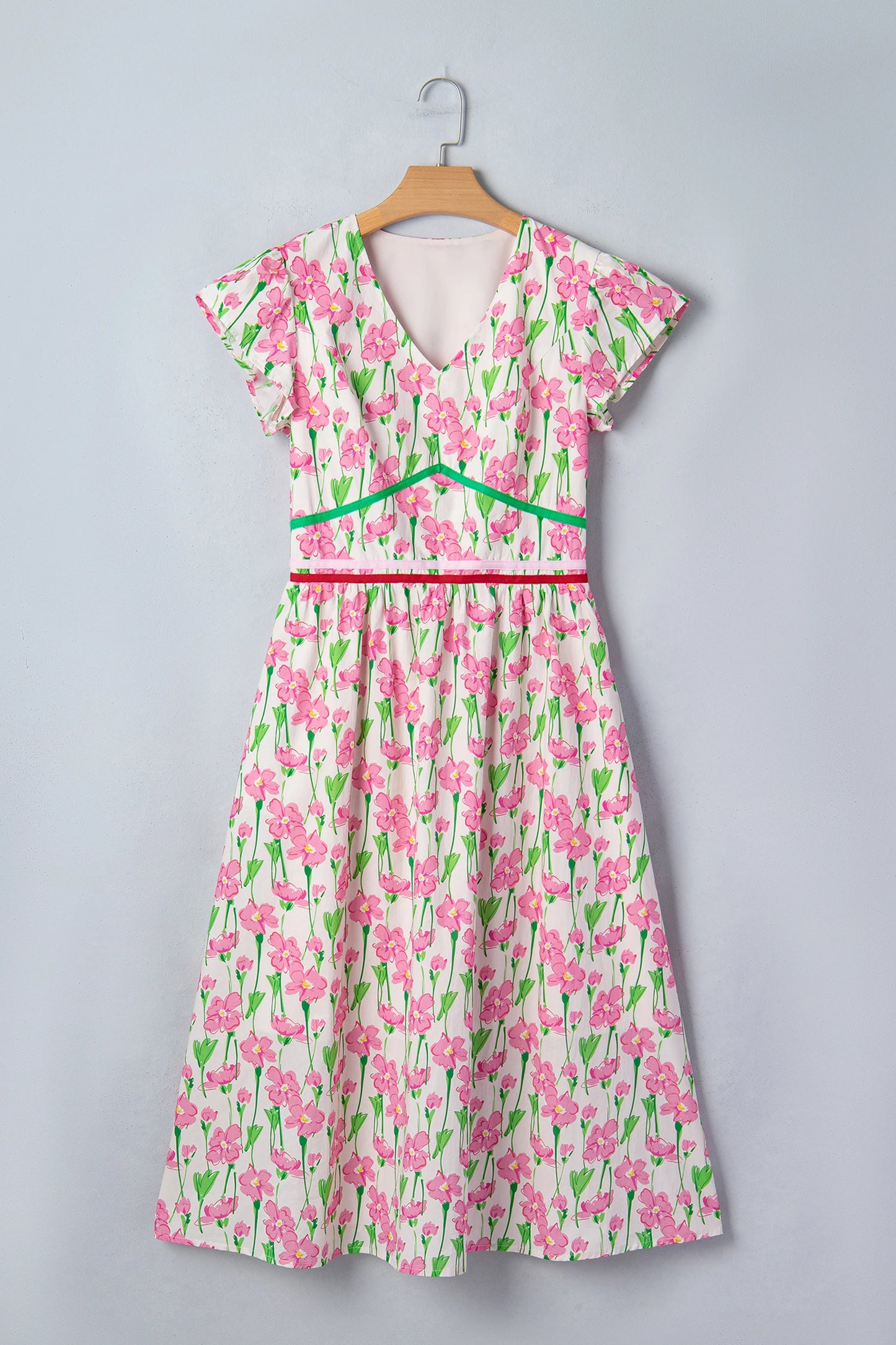 Pink Floral Print Contrast Trim V Neck Short Sleeve Elegant Midi Dress