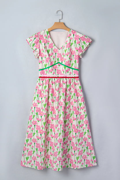 Pink Floral Print Contrast Trim V Neck Short Sleeve Elegant Midi Dress