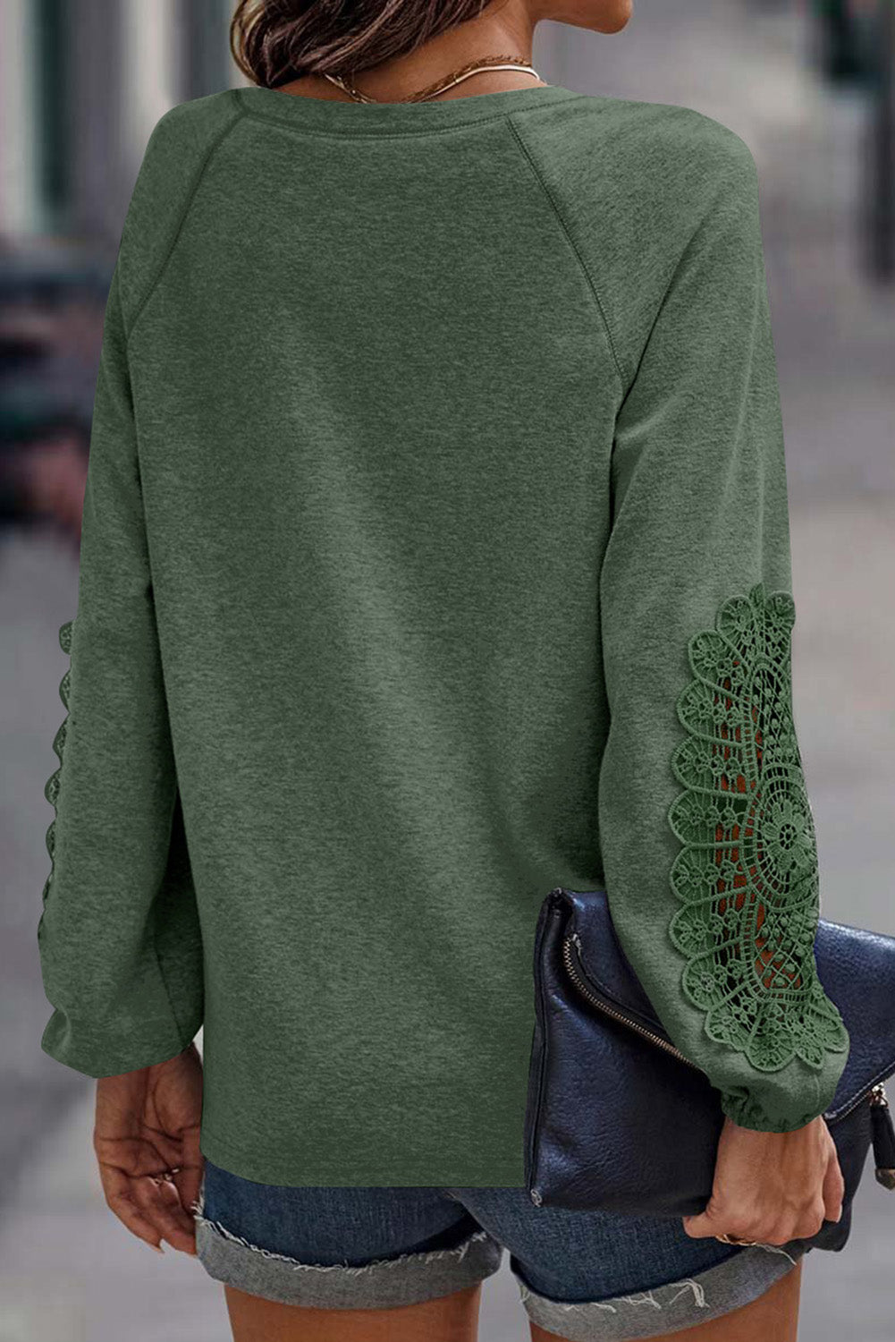 Green Crochet Lace Patch Raglan Sleeve Top