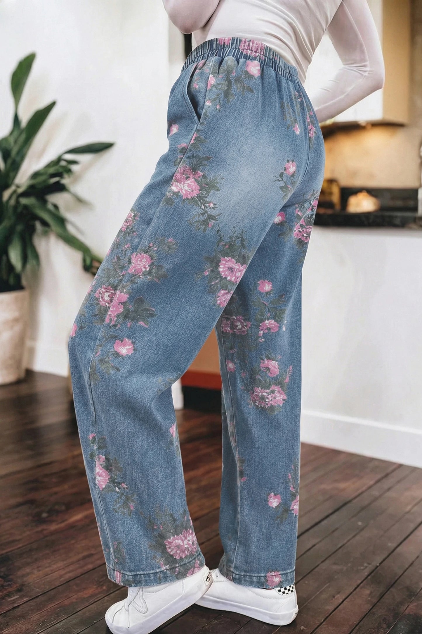 Beau Blue Floral Print Elastic Waist Pull On Casual Jeans