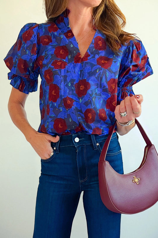 Blue Ruffled Short Balloon Sleeve Frilled V Neck Floral Blouse