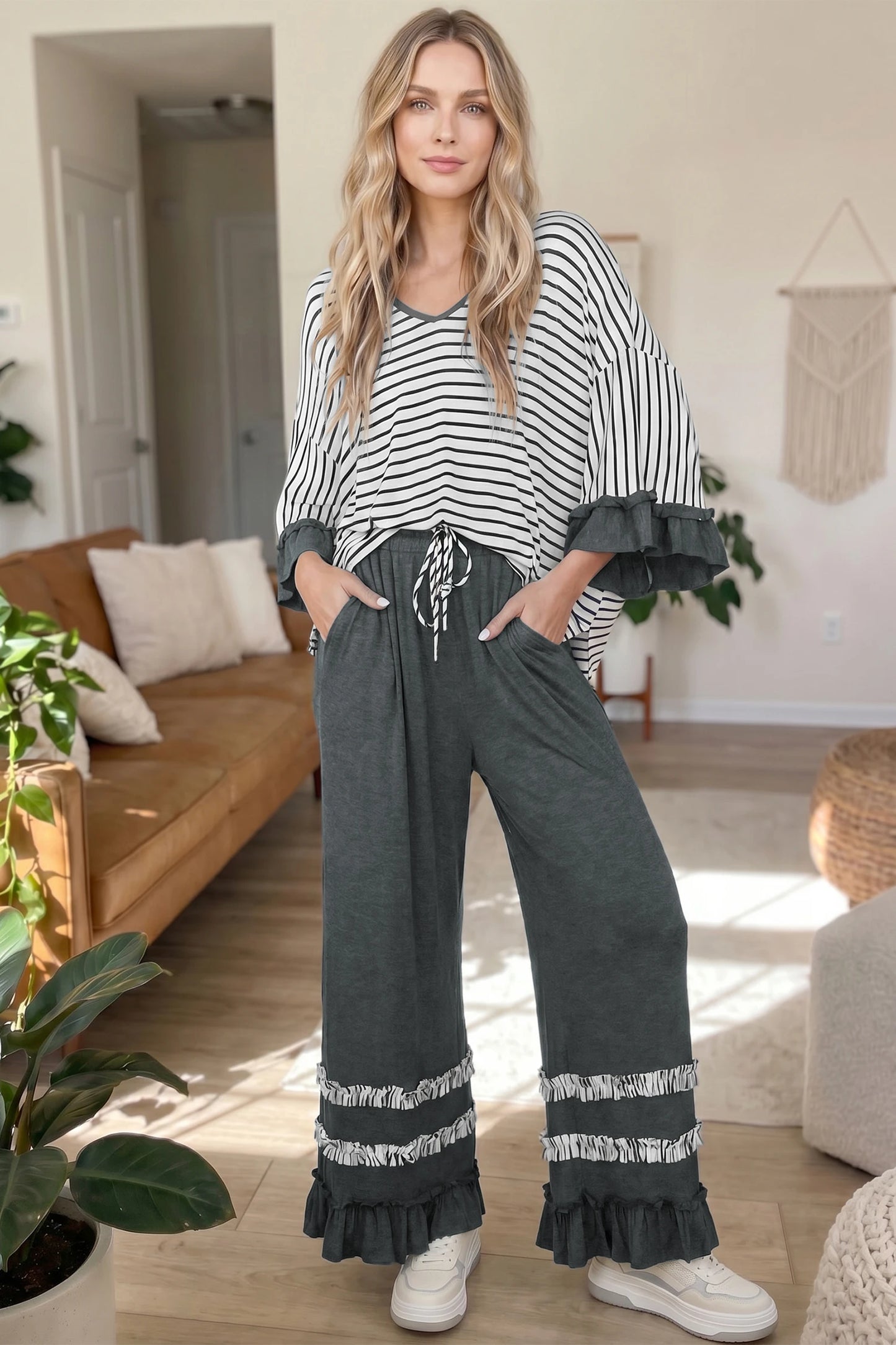Ruffle Contrast Sleeve Top Drawstring Pants 2pcs Set