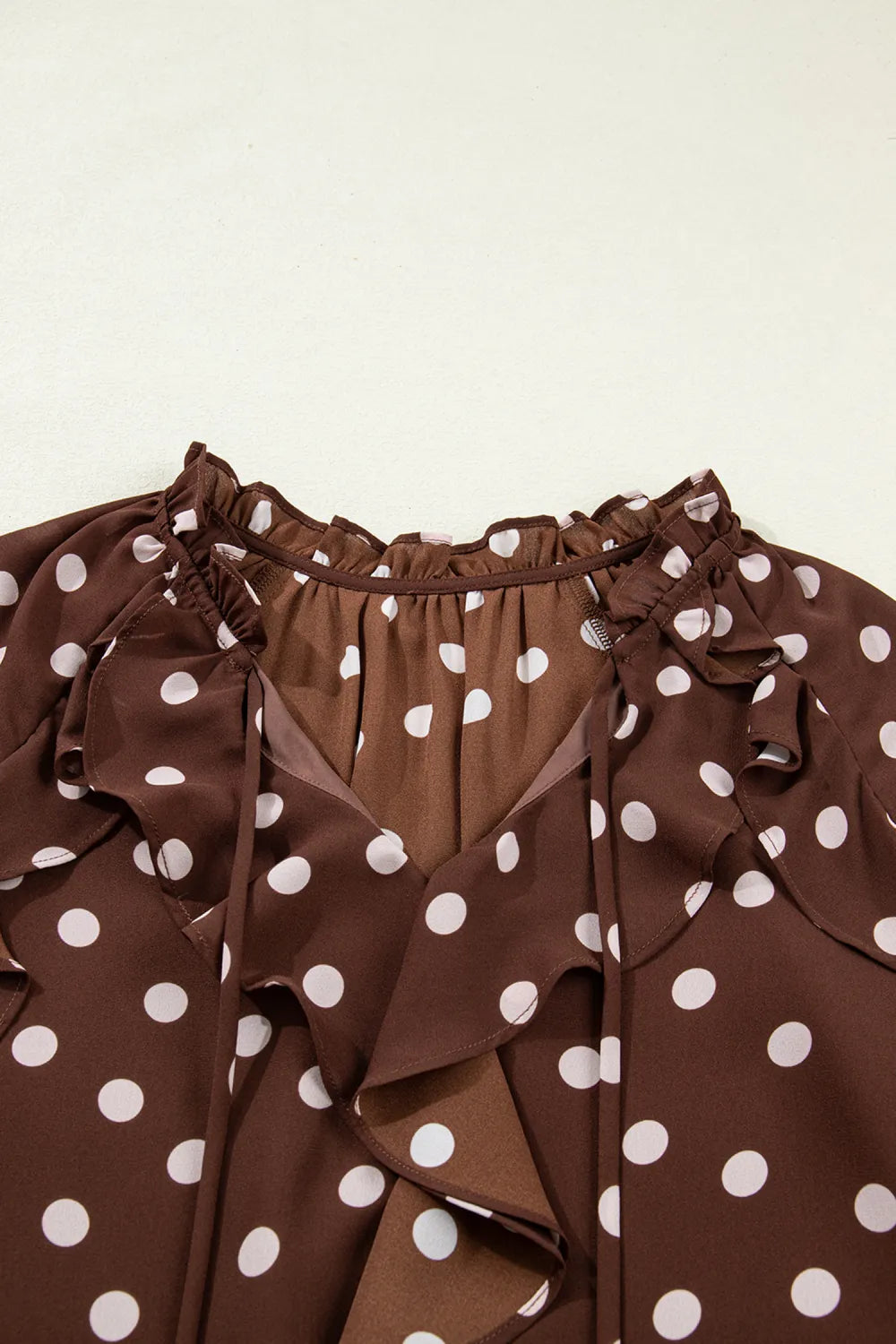 Coffee Polka Dot Print Ruffle Trim V Neck Long Bell Sleeve Blouse