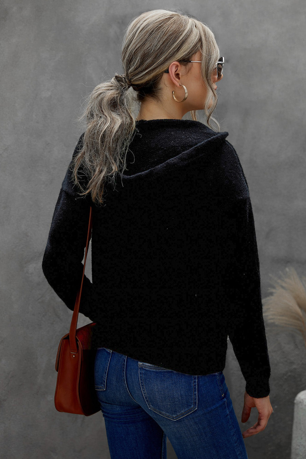 Black Kangaroo Pocket Button Lace Drawstring Hooded Pullover Sweater