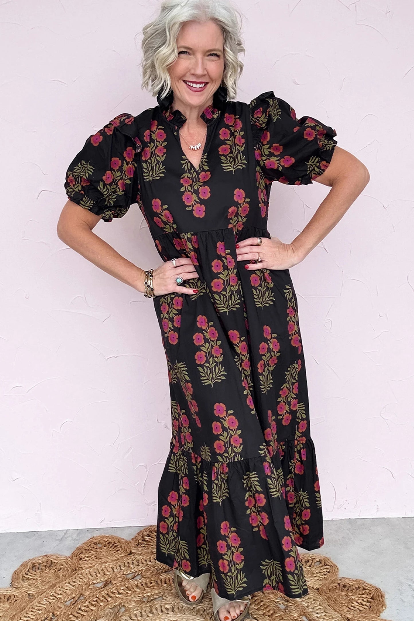 Black Floral Short Bubble Sleeve Tiered Maxi Dress