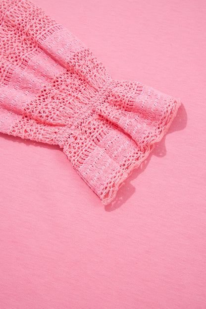 Sachet Pink Drop Shoulder Lace Ruffled Sleeve Patchwork Loose Sweatshirt
