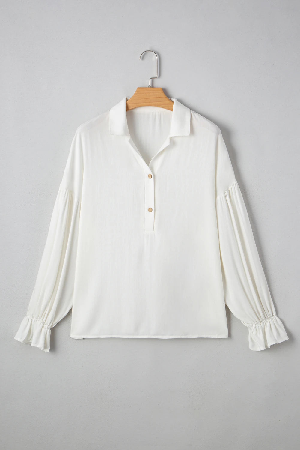 White Ruffle Elastic Cuffs Puffy Long Sleeve Button Down Shirt