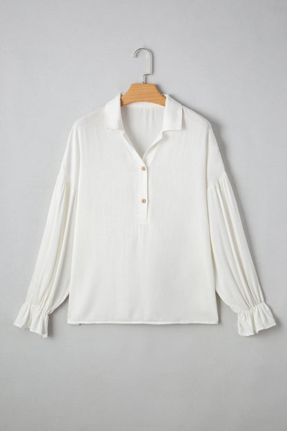White Ruffle Elastic Cuffs Puffy Long Sleeve Button Down Shirt