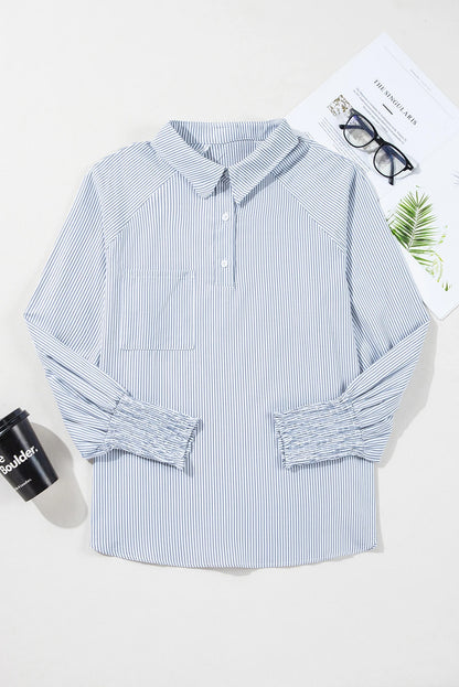 Gray Pinstripe Long Sleeve Smocked Cuffs Button Shirt Collar Blouse