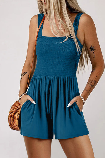 Blue Casual Pocketed Smocked Sleeveless Romper