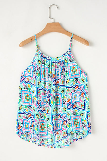 White Rhinestone Boho Floral Printed Spaghetti Strap Tank Top