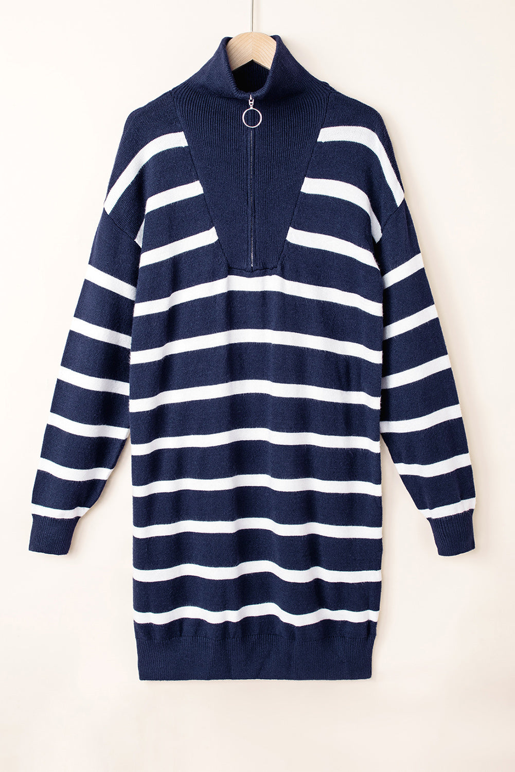 O-ring Zip Collared Loose Sweater Mini Dress