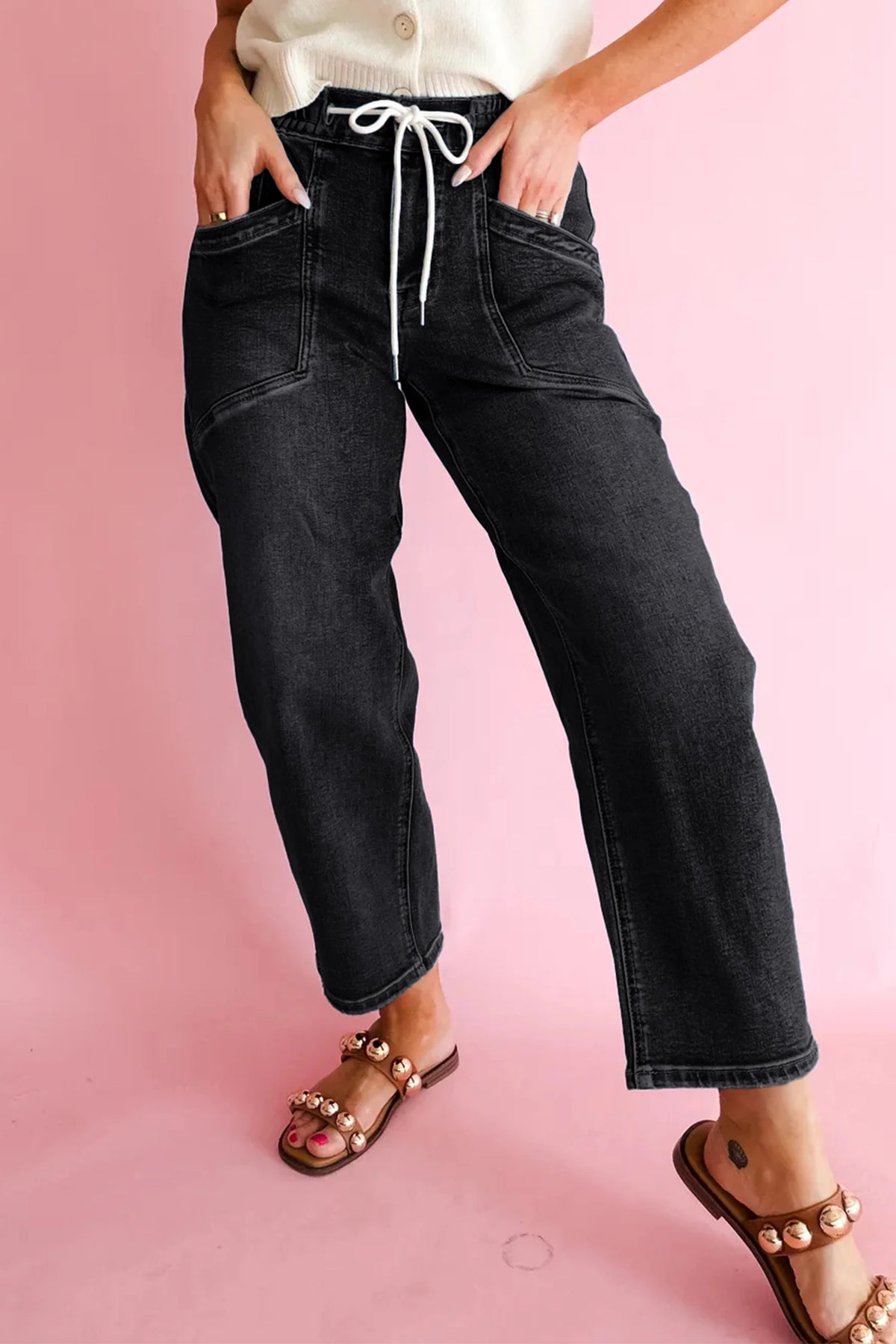 Black Drawstring Waist Ankle Length Casual Jeans Regular Fit Pocket Detail Denim Pants