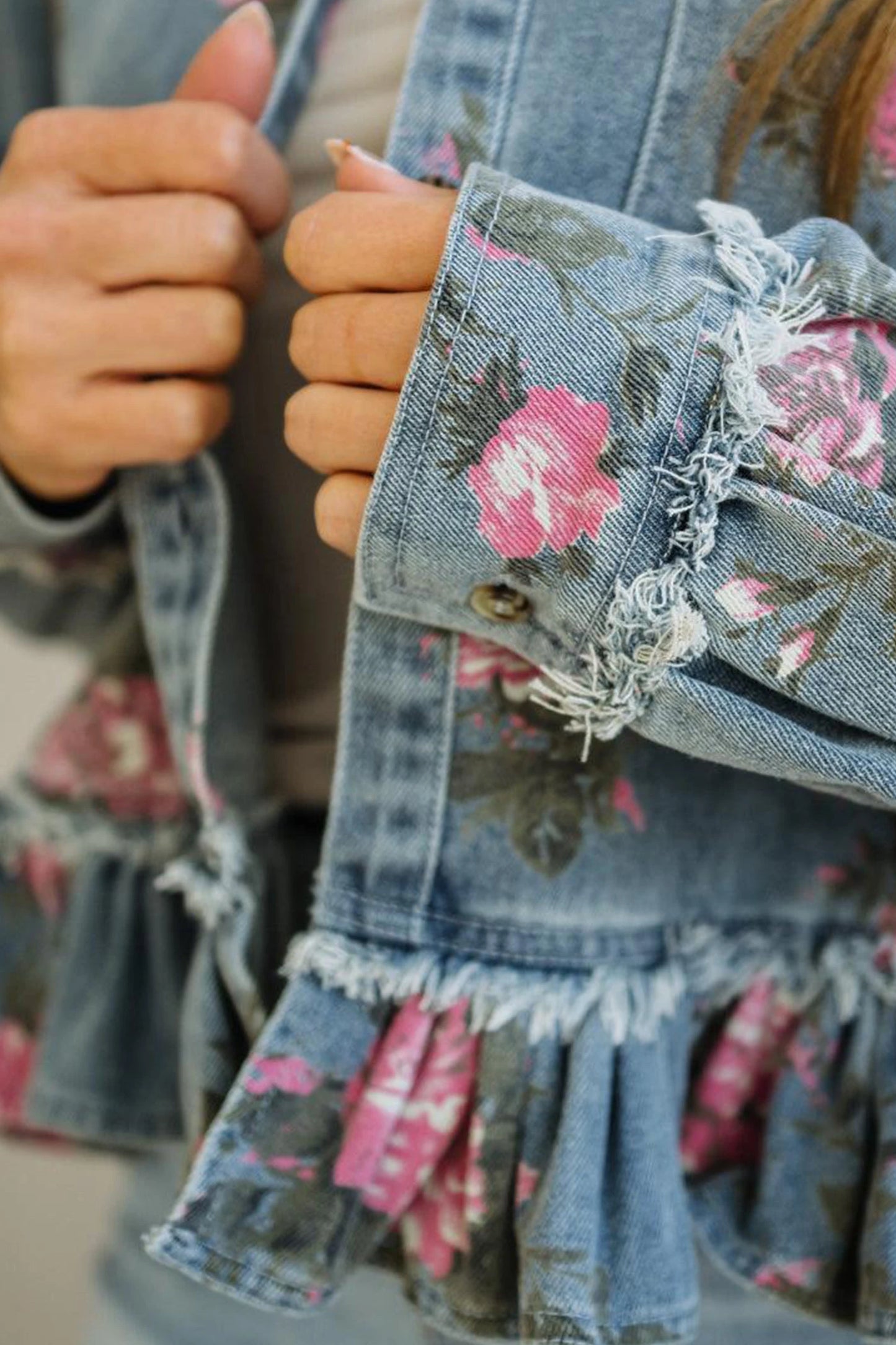 Sky Blue Floral Print Raw Seam Ruffle Hem Denim Jacket