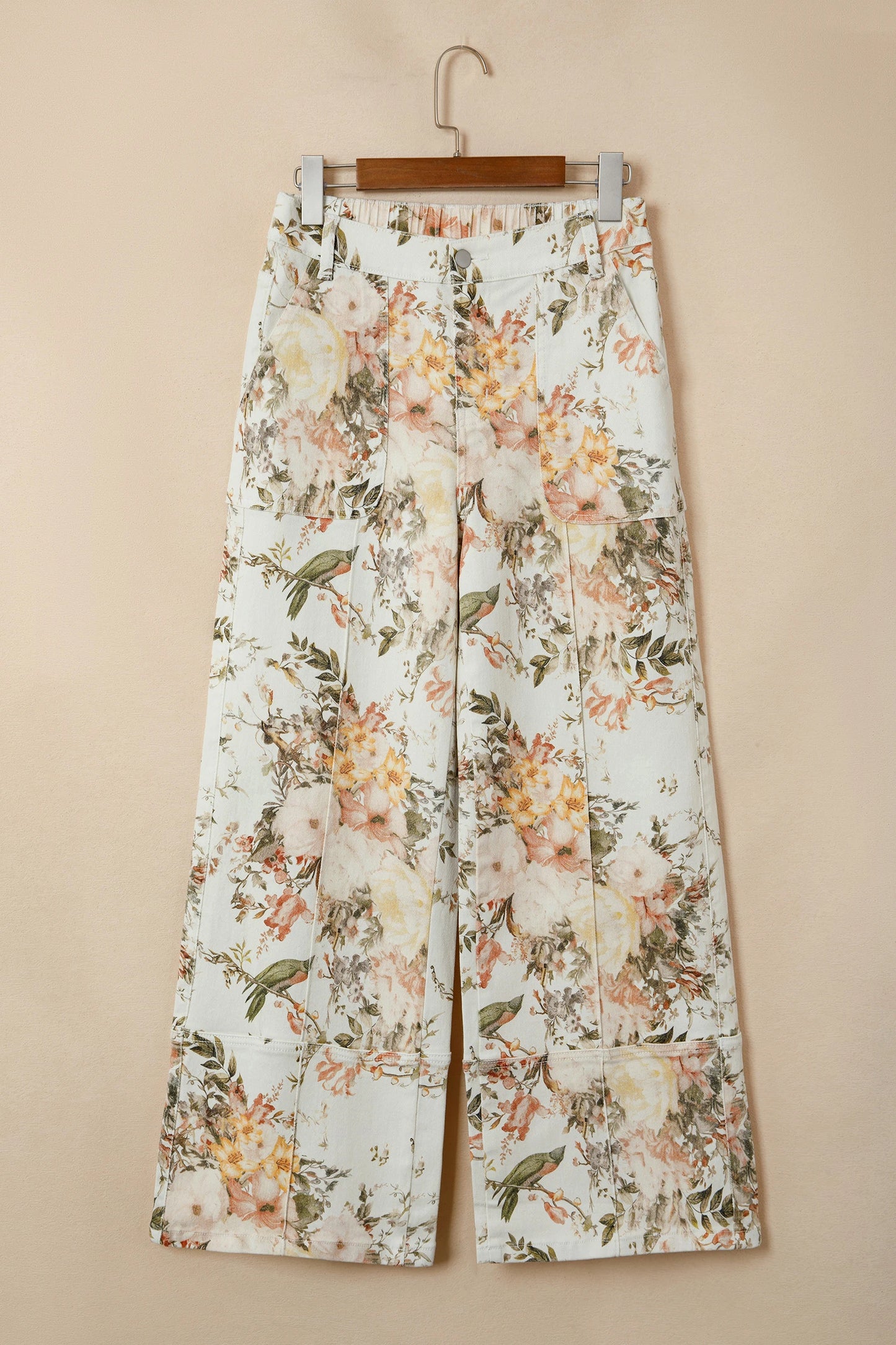 Beige Vintage Style Floral Print High Waist Wide Leg Jeans