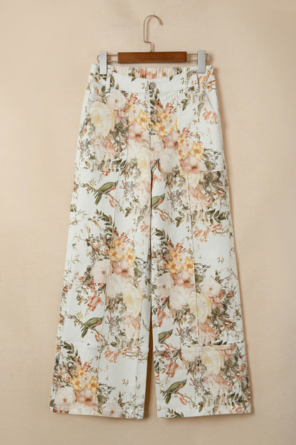 Beige Vintage Style Floral Print High Waist Wide Leg Jeans