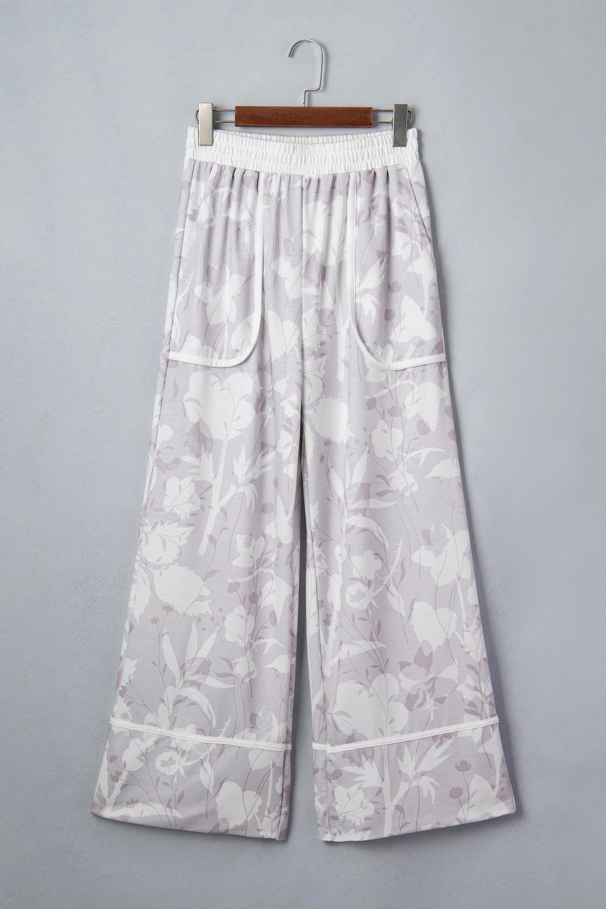 Gray Floral Print Wide Leg Ankle-Length Elastic Waistband Pants