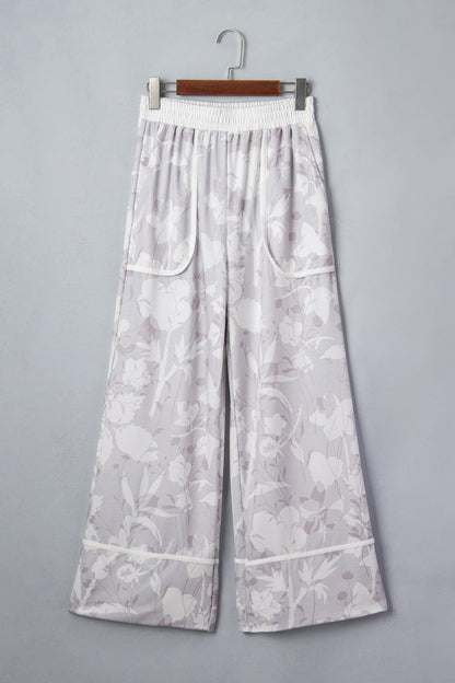 Gray Floral Print Wide Leg Ankle-Length Elastic Waistband Pants