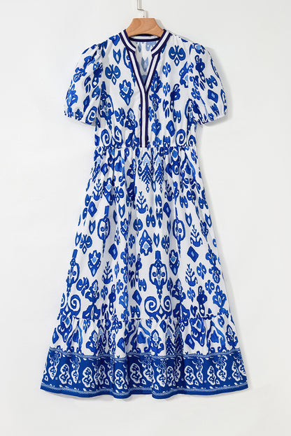 Blue Floral Puff Short Sleeve V Neck High Waist Maxi Dress