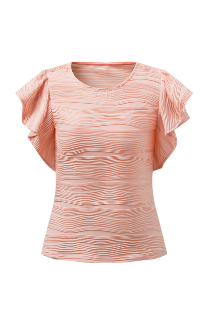 Pink Wavy Textured Ruffle Sleeve Top