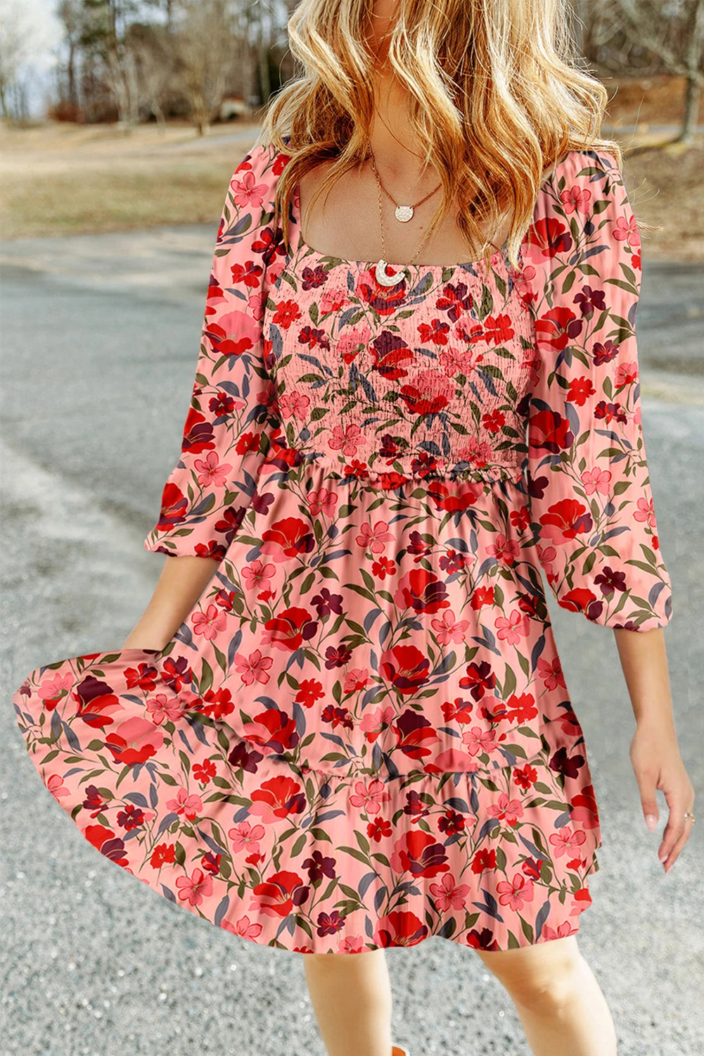Floral 3/4 Sleeve Square Neck Smocked Mini Dress