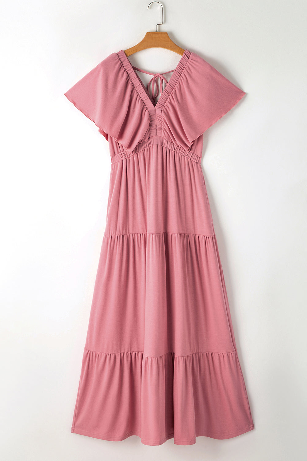 Textured V Neck Flutter Sleeve Ruffled Maxi Dress