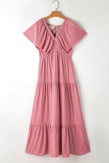 Textured V Neck Flutter Sleeve Ruffled Maxi Dress