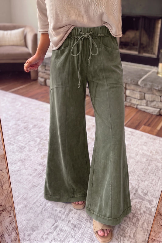 Mineral Wash Seam Detail Flare Leg Drawstring Pants