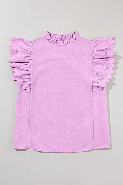 Solid Color Scalloped Ruffle Sleeve Top