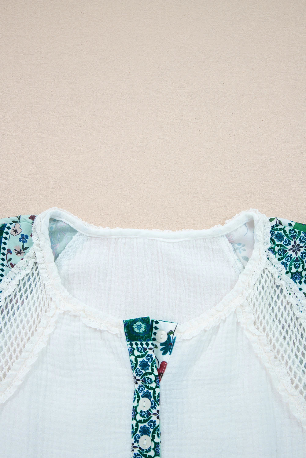 White Plant Mesh Patched Color Block Half Button Blouse