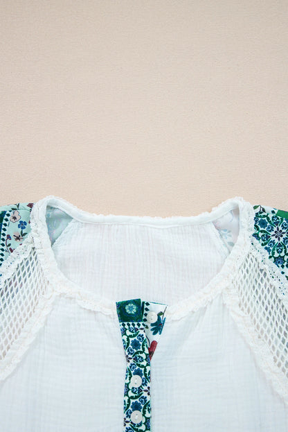 White Plant Mesh Patched Color Block Half Button Blouse