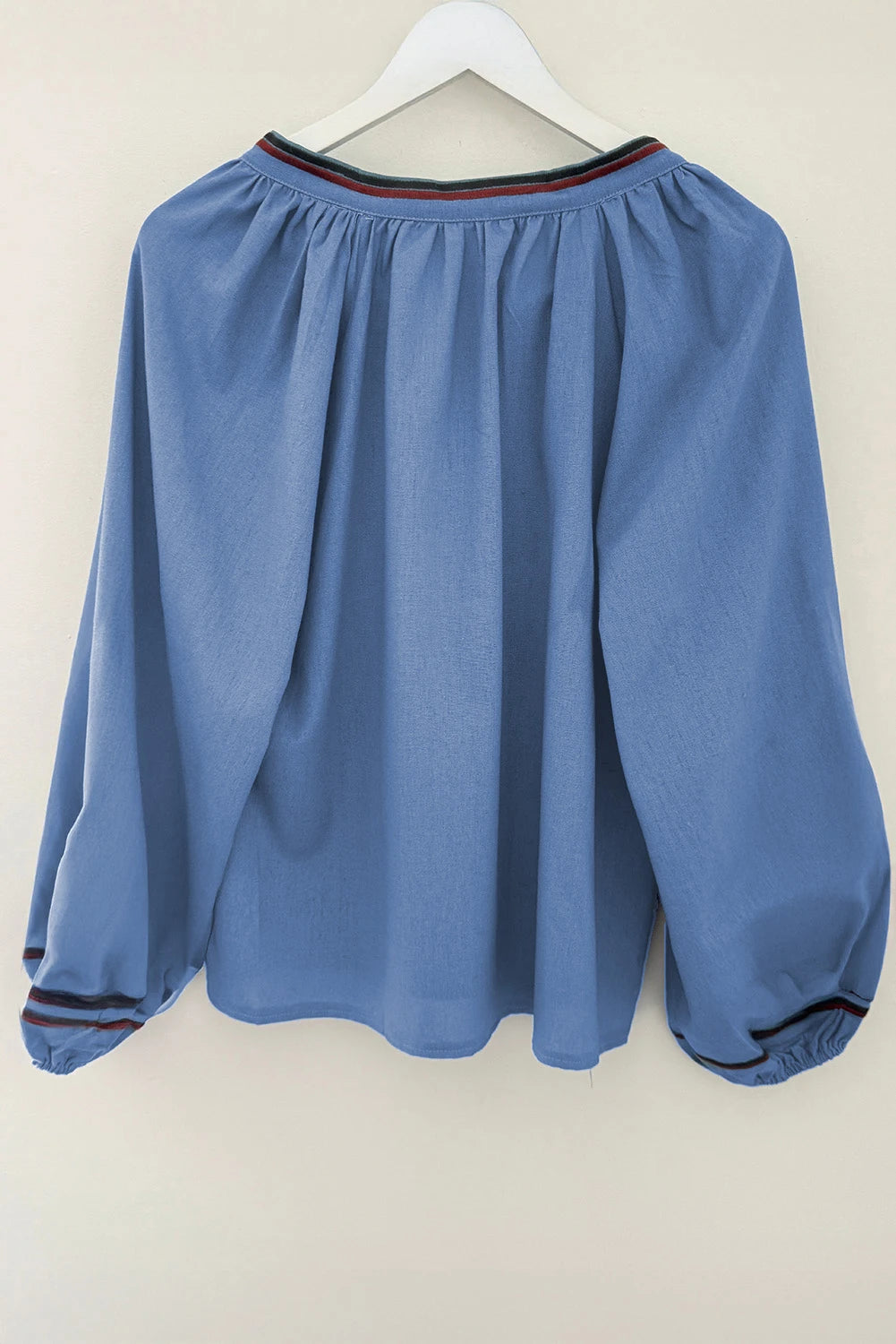 Real Teal Floral Embroidered Split Neck Tassel Tie Puff Sleeve Blouse