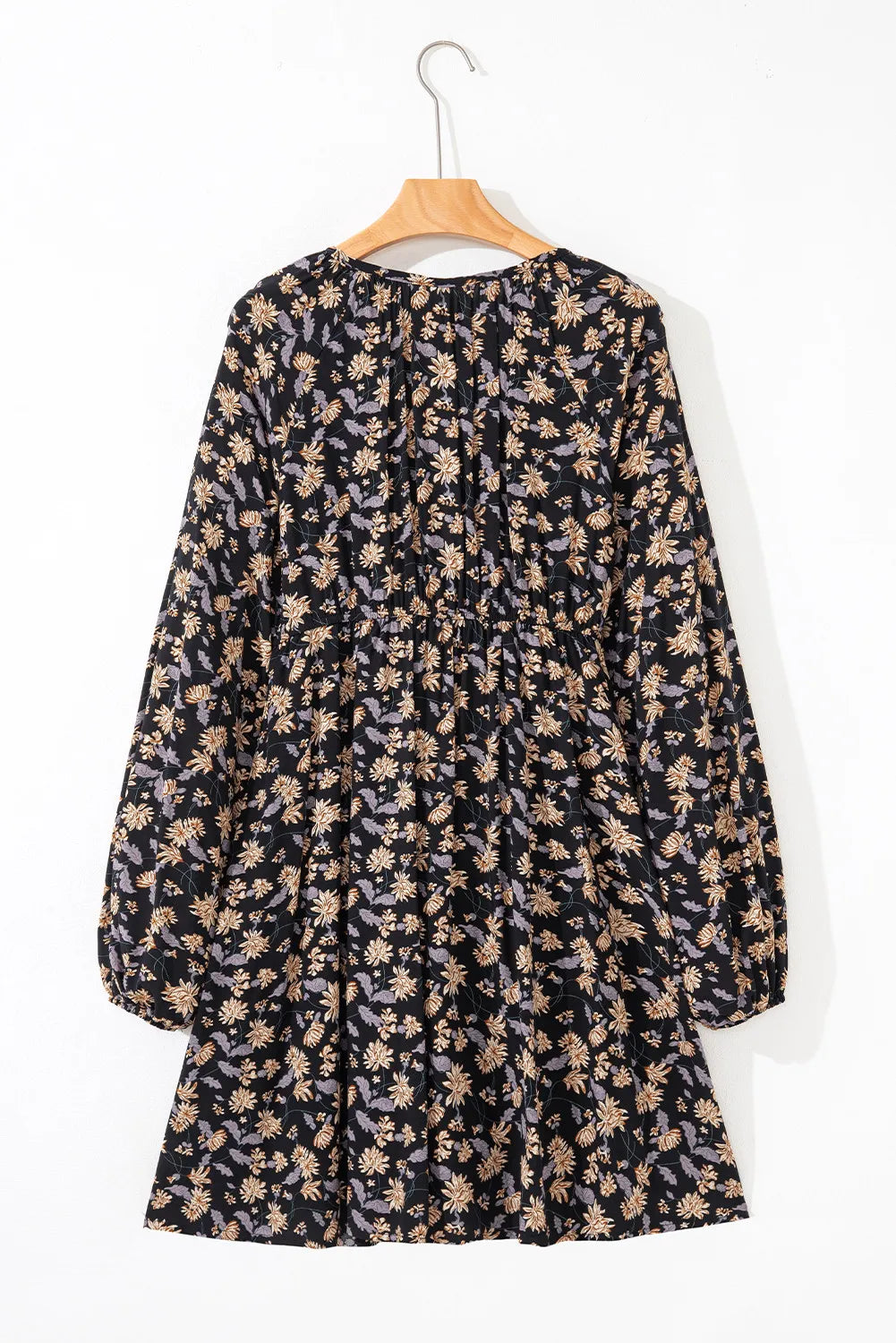 Black Floral Deep V Neck Smocked Bust Bubble Sleeve Babydoll Dress